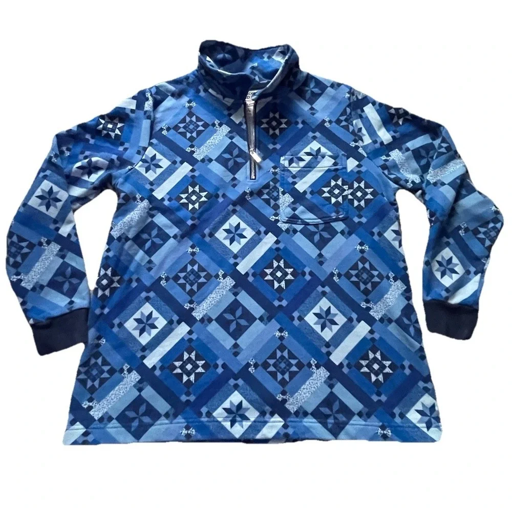 Lands' End Serious Sweats Women's L 14/16 Blue 1/4 Zip Geometric Pullover‎